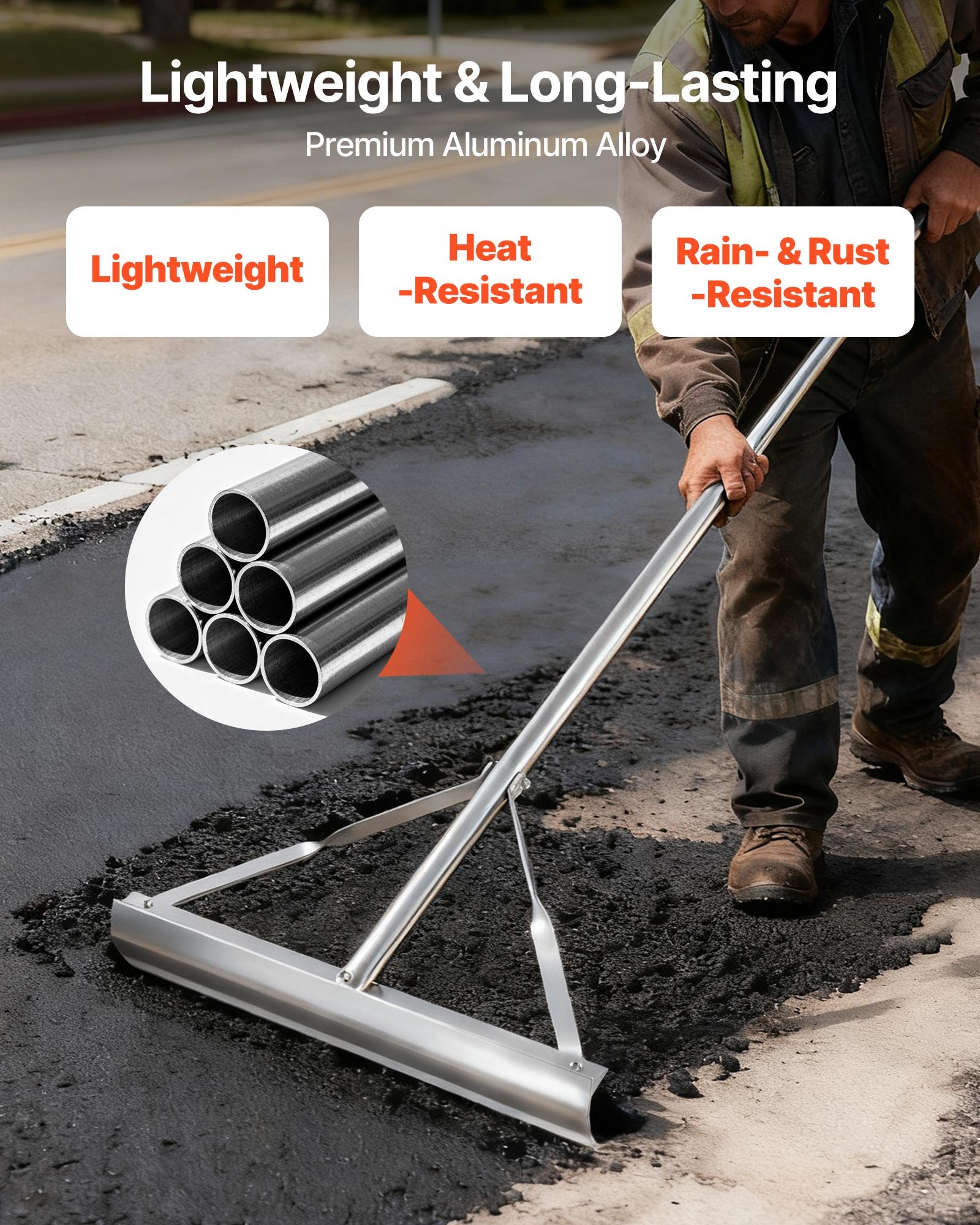 VEVOR Teerverteiler 508 mm, Teerschieber aus Alu, Splittschieber mit 1510 mm Griff, Asphaltrechen-Werkzeug zum Einebnen von Asphalt und Land, Betonpflasterung, Sandglättung, keine Zähne