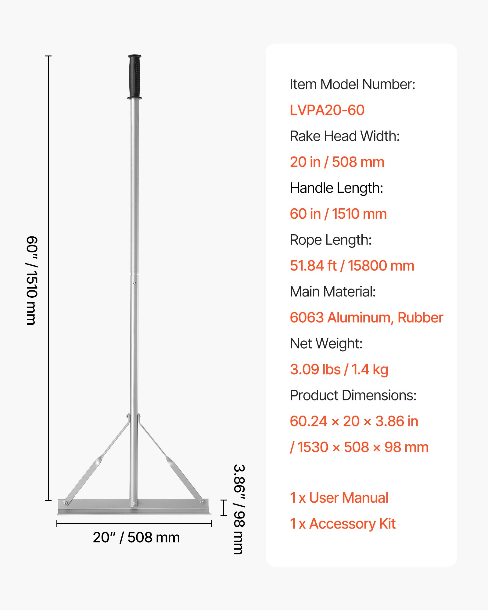 VEVOR Teerverteiler 508 mm, Teerschieber aus Alu, Splittschieber mit 1510 mm Griff, Asphaltrechen-Werkzeug zum Einebnen von Asphalt und Land, Betonpflasterung, Sandglättung, keine Zähne