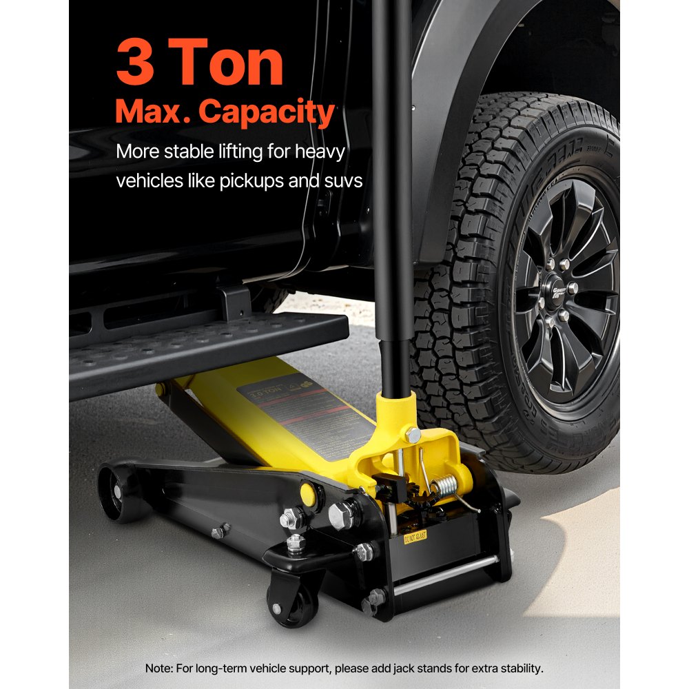 VEVOR 3-ton low-profile trolley jack, high-performance steel racing jack with single-piston quick-lift pump, jack lifting range 13-50 cm, yellow