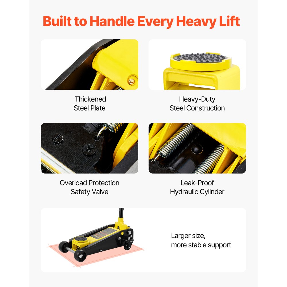 VEVOR 3-ton low-profile trolley jack, high-performance steel racing jack with single-piston quick-lift pump, jack lifting range 13-50 cm, yellow