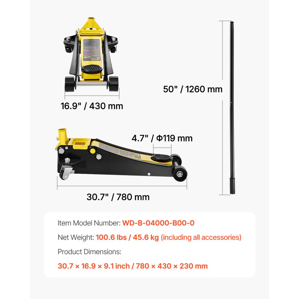 VEVOR Wagenheber, 4 Tonnen Wagenheber mit niedrigem Profil, Hochleistungs-Rennwagenheber aus Stahl mit Doppelkolben-Schnellhubpumpe, Hubbereich des Wagenhebers 3,35"-19,69