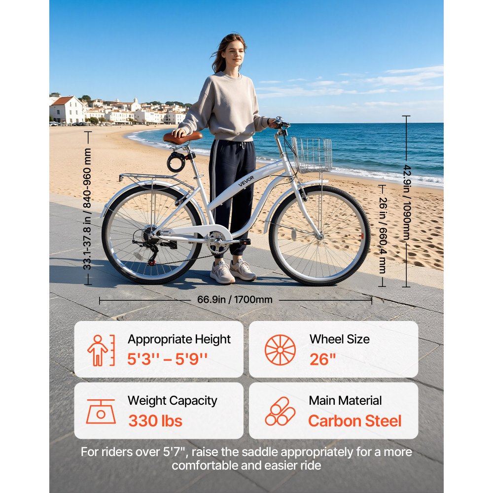 VEVOR Damenfahrrad 26 Zoll Cruiser-Fahrrad 150 kg 7-Gang Citybike Weiß, für Pendelfahrten Besorgungen und Strandfahrten, mit Doppelten V-Bremsen, 50 kg Gepäckträger, Schutzblechen und Werkzeugsatz