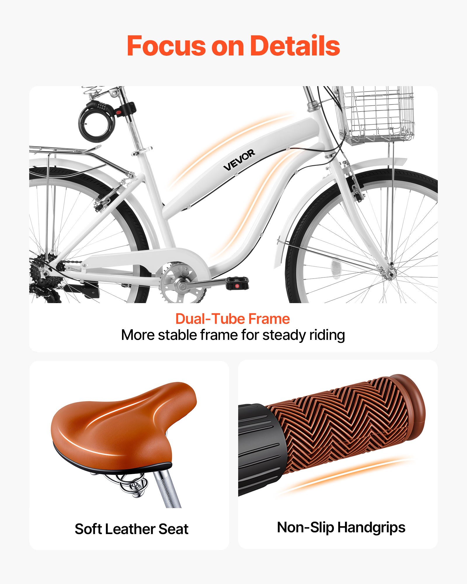 VEVOR Damenfahrrad 26 Zoll Cruiser-Fahrrad 150 kg 7-Gang Citybike Weiß, für Pendelfahrten Besorgungen und Strandfahrten, mit Doppelten V-Bremsen, 50 kg Gepäckträger, Schutzblechen und Werkzeugsatz