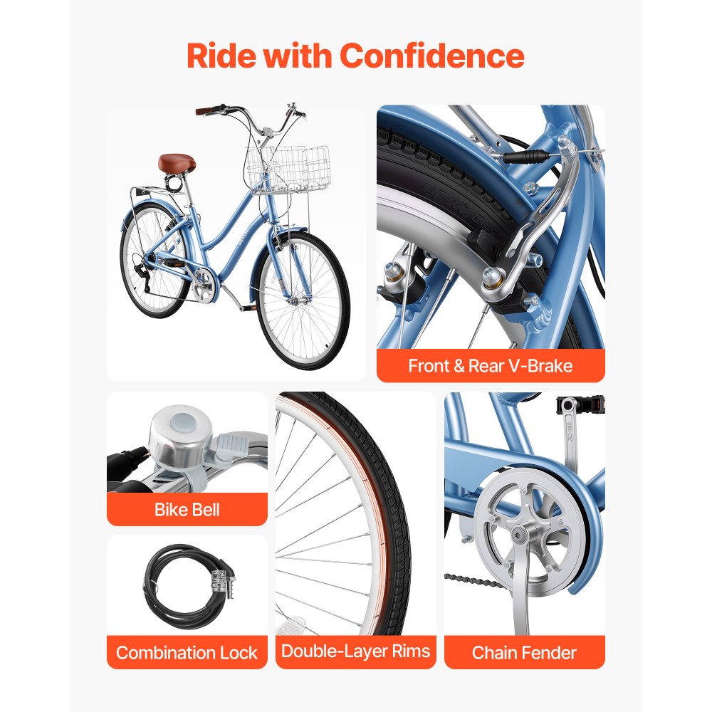 VEVOR Damenfahrrad 26 Zoll Cruiser-Fahrrad 150 kg 7-Gang Citybike Hellblau, für Pendelfahrten Besorgungen und Strandfahrten, mit Korb, Gepäckträger bis 50 kg, Doppel-V-Bremsen und Praktischem Zubehör