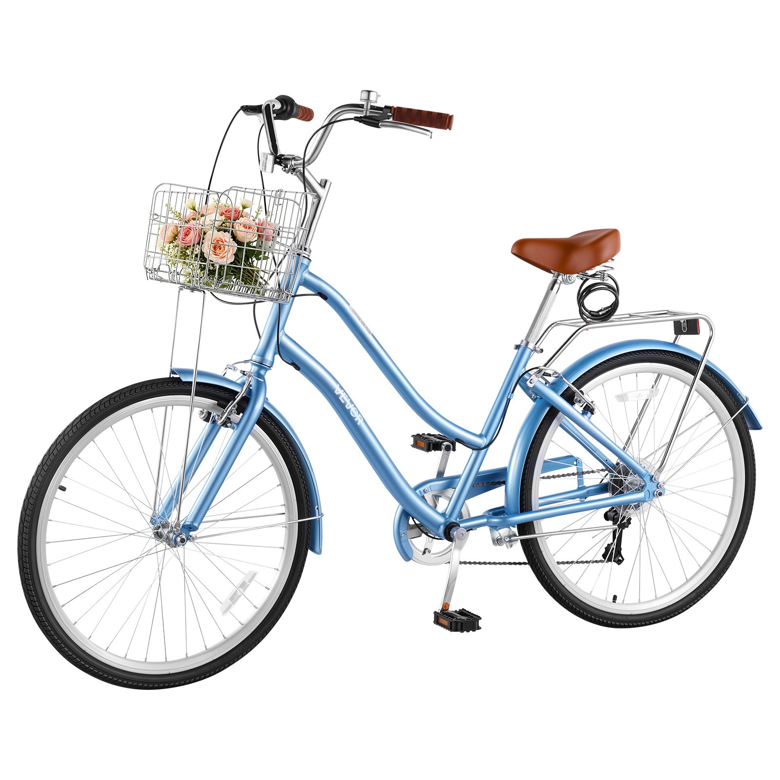 VEVOR Damenfahrrad 26 Zoll Cruiser-Fahrrad 150 kg 7-Gang Citybike Hellblau, für Pendelfahrten Besorgungen und Strandfahrten, mit Korb, Gepäckträger bis 50 kg, Doppel-V-Bremsen und Praktischem Zubehör