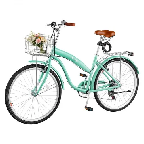 VEVOR Damenfahrrad 26 Zoll Cruiser-Fahrrad 150 kg 7-Gang Citybike Hellgrün, für Pendelfahrten Besorgungen und Strandfahrten, mit verstellbarem PU-Sattel, V-Bremsen, 50-kg-Gepäckträger und Werkzeugsatz