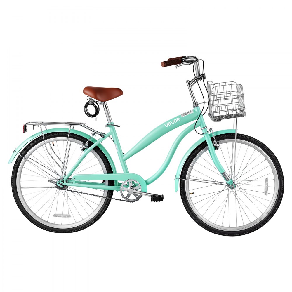 VEVOR Damenfahrrad 26 Zoll Cruiser-Fahrrad 150 kg 1-Gang Citybike Hellgrün, für Alltag und Pendeln, mit Aufrechter Sitzposition, Korb, Gepäckträger bis 50 kg, Doppel-V-Bremsen und Komplettem Zubehör