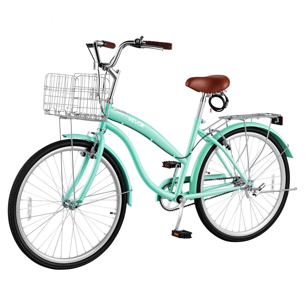VEVOR Damenfahrrad 26 Zoll Cruiser-Fahrrad 150 kg 1-Gang Citybike Hellgrün, für Alltag und Pendeln, mit Aufrechter Sitzposition, Korb, Gepäckträger bis 50 kg, Doppel-V-Bremsen und Komplettem Zubehör