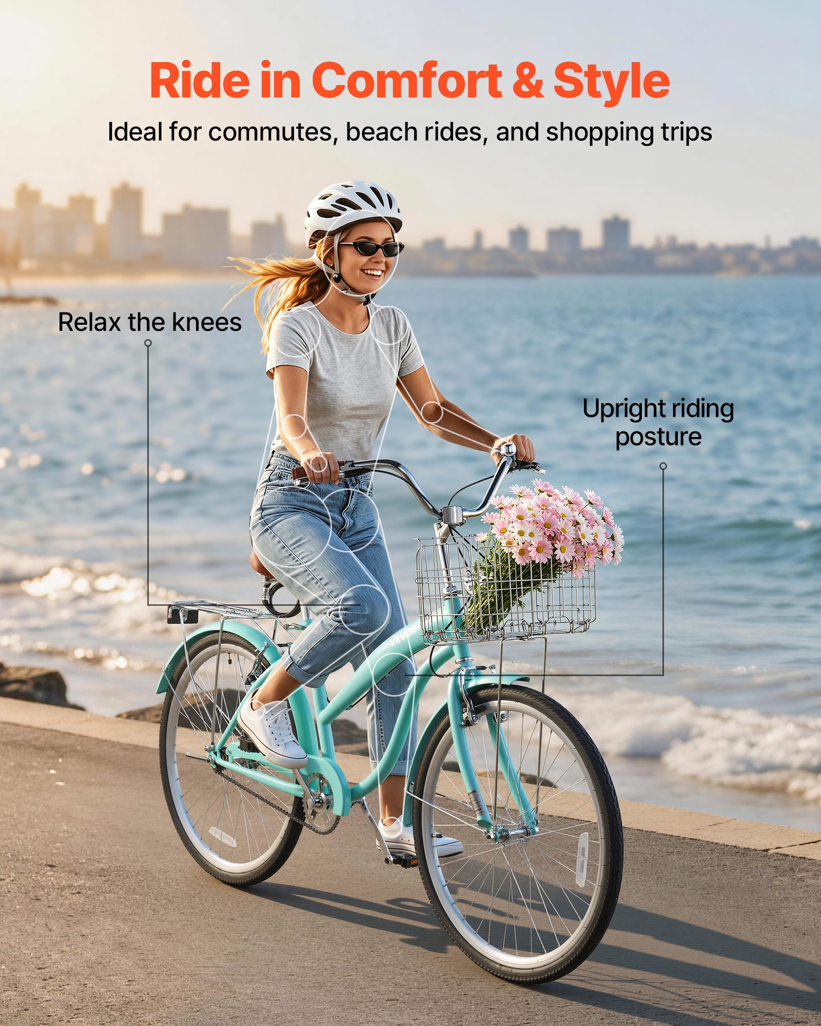 VEVOR Damenfahrrad 26 Zoll Cruiser-Fahrrad 150 kg 1-Gang Citybike Hellgrün, für Alltag und Pendeln, mit Aufrechter Sitzposition, Korb, Gepäckträger bis 50 kg, Doppel-V-Bremsen und Komplettem Zubehör