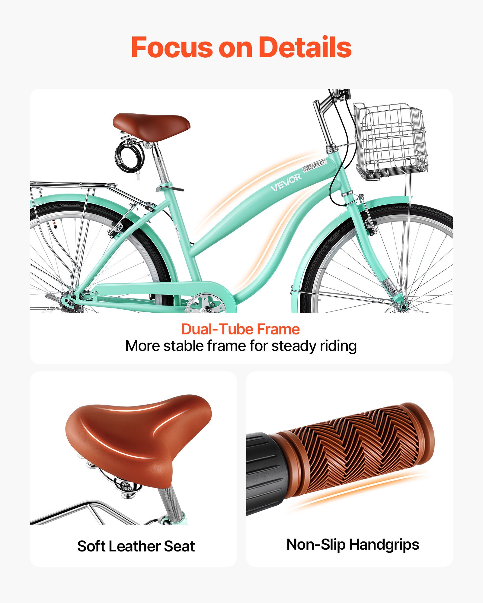 VEVOR Damenfahrrad 26 Zoll Cruiser-Fahrrad 150 kg 1-Gang Citybike Hellgrün, für Alltag und Pendeln, mit Aufrechter Sitzposition, Korb, Gepäckträger bis 50 kg, Doppel-V-Bremsen und Komplettem Zubehör