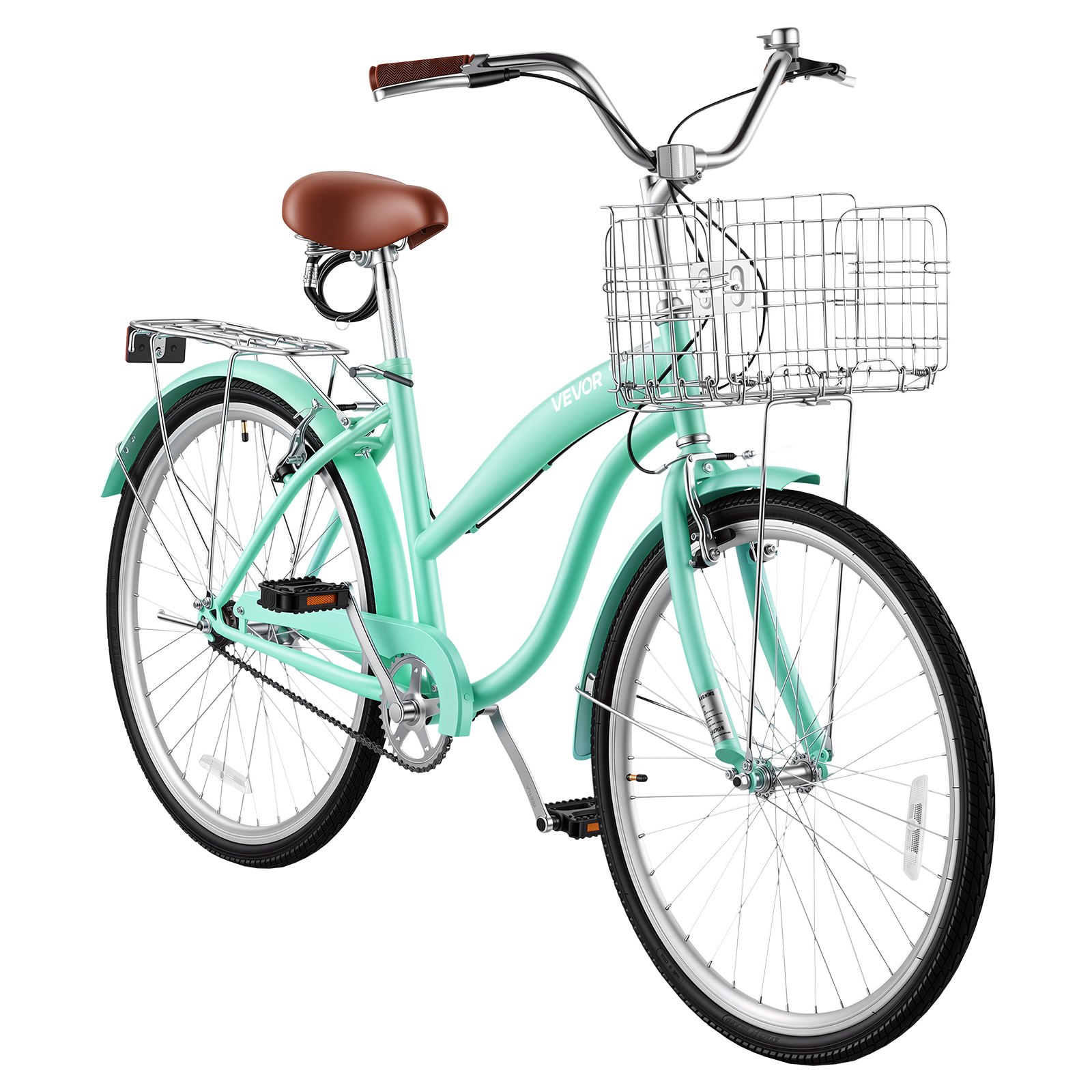 VEVOR Damenfahrrad 26 Zoll Cruiser-Fahrrad 150 kg 1-Gang Citybike Hellgrün, für Alltag und Pendeln, mit Aufrechter Sitzposition, Korb, Gepäckträger bis 50 kg, Doppel-V-Bremsen und Komplettem Zubehör