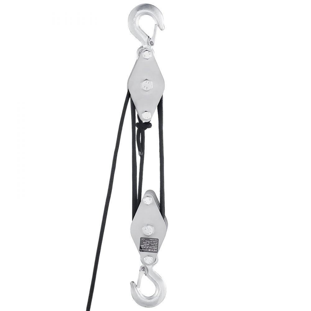 VEVOR pulley block with 2 T breaking strength, 30 m, 5:1 lifting ratio, heavy-duty rope pulley with 2 soft loops, metal wheel bearing structure, pulley, universal rope pulley for lifting heavy objects