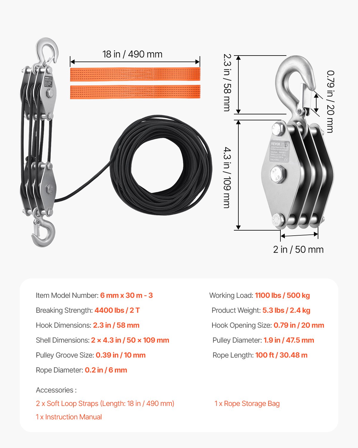 VEVOR pulley block with 2 T breaking strength, 30 m, 5:1 lifting ratio, heavy-duty rope pulley with 2 soft loops, metal wheel bearing structure, pulley, universal rope pulley for lifting heavy objects