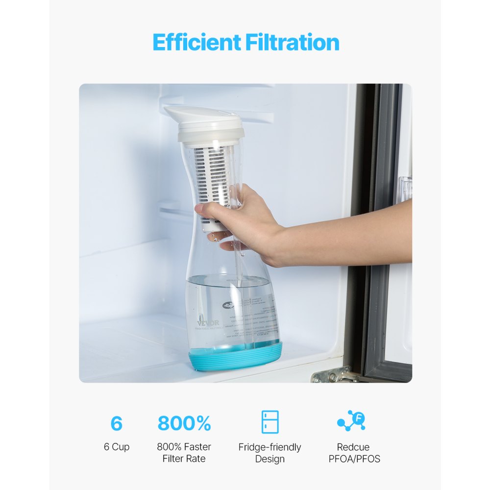 VEVOR Wasserfilter Kanne Wasserfilterkrug 6 Tassen Wasserfilterspender aus Glas, kühlschrankfreundliches Wasserfiltersystem, kein BPA, hält 3 Monate / 800 L, reduziert Chlor Rost Gerüche PFOA/PFOS