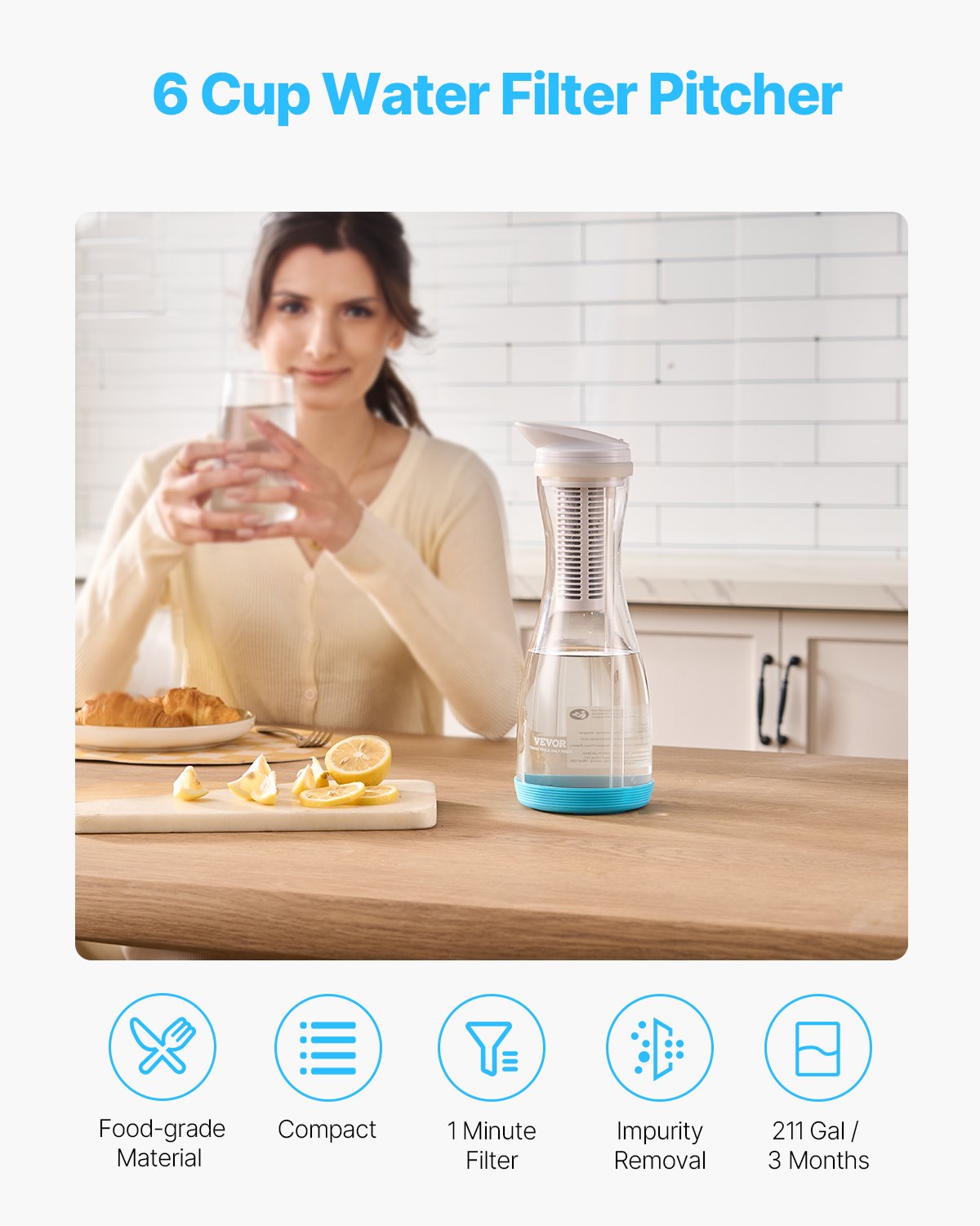 VEVOR Wasserfilter Kanne Wasserfilterkrug 6 Tassen Wasserfilterspender aus Glas, kühlschrankfreundliches Wasserfiltersystem, kein BPA, hält 3 Monate / 800 L, reduziert Chlor Rost Gerüche PFOA/PFOS