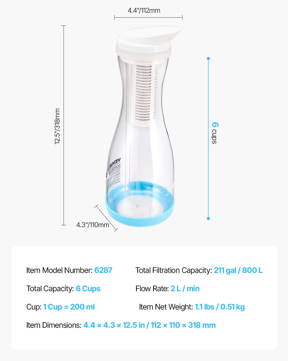 VEVOR Wasserfilter Kanne Wasserfilterkrug 6 Tassen Wasserfilterspender aus Glas, kühlschrankfreundliches Wasserfiltersystem, kein BPA, hält 3 Monate / 800 L, reduziert Chlor Rost Gerüche PFOA/PFOS