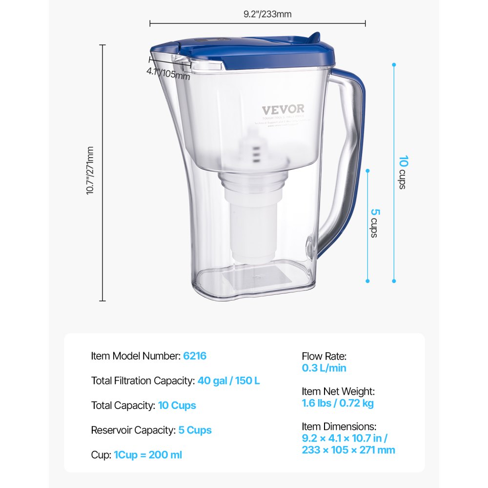 VEVOR Wasserfilter Kanne Wasserfilterkrug 9 Tassen Wasserfilterspender, kühlschrankfreundliches Wasserfiltersystem, kein BPA, hält 3 Monate / 150 L, reduziert Kalk Blei Chlor Gerüche