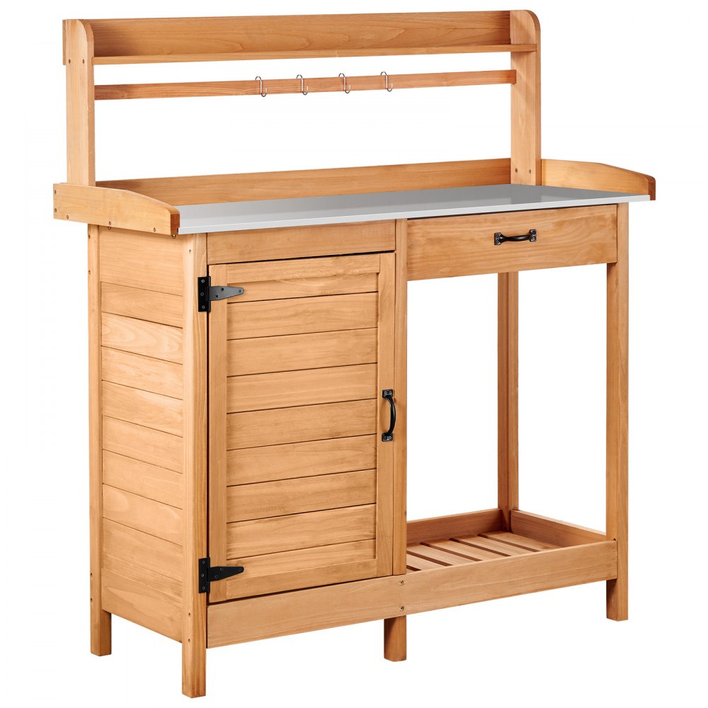 VEVOR Pflanztisch, Gärtnertisch, Gartenarbeitstisch mit Unterschrank, Verzinkter Eisenplatte, Schublade, Regalen & Haken, Blumentisch, Gartenschrank für Terrasse & Garten, 1120x465x1255 mm