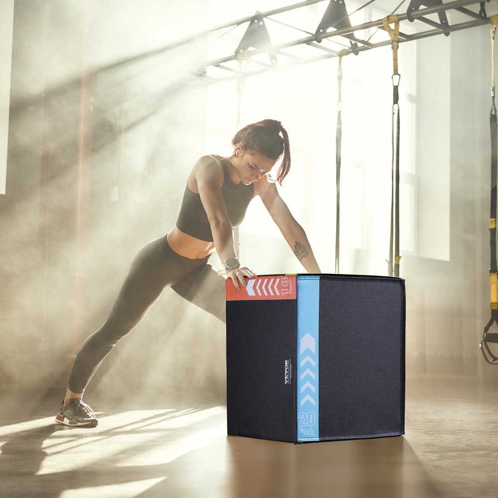 VEVOR 3-in-1-Plyometrische Sprungbox 20/18/16-Zoll-Baumwoll-Plyobox, 100 kg Gewichtstragfähigkeit, Rutschfeste Fitnessübungs-Step-Up-Box für Heimtraining, Sprungkrafttraining Schwarz Einstellbare Höhe
