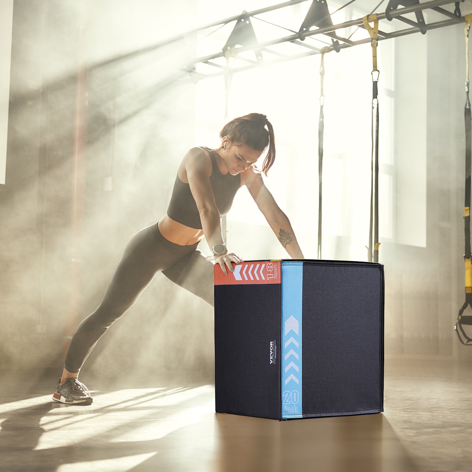 VEVOR 3-in-1-Plyometrische Sprungbox 20/18/16-Zoll-Baumwoll-Plyobox, 100 kg Gewichtstragfähigkeit, Rutschfeste Fitnessübungs-Step-Up-Box für Heimtraining, Sprungkrafttraining Schwarz Einstellbare Höhe