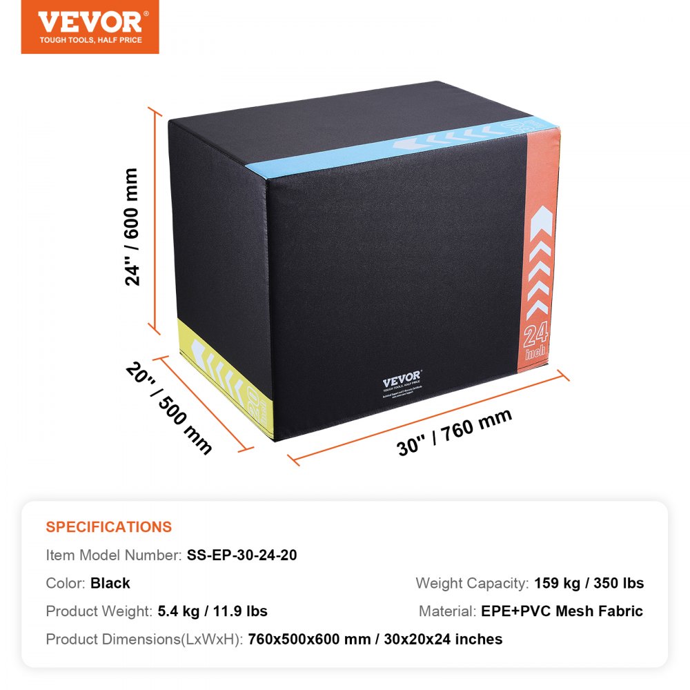 VEVOR 3-in-1-Plyometrische Sprungbox 30/24/20-Zoll-Plyobox, Sprungkasten Sprungkiste 159 kg Tragfähigkeit, Fitnessübungs-Step-Up-Box für Heimtraining, Sprungkrafttraining Schwarz Einstellbare Höhe