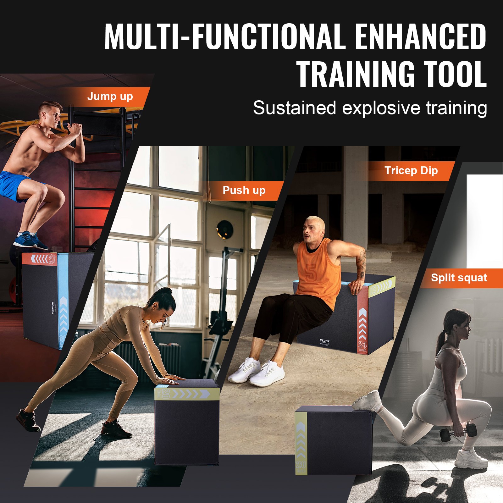 VEVOR 3-in-1-Plyometrische Sprungbox 30/24/20-Zoll-Plyobox, Sprungkasten Sprungkiste 159 kg Tragfähigkeit, Fitnessübungs-Step-Up-Box für Heimtraining, Sprungkrafttraining Schwarz Einstellbare Höhe