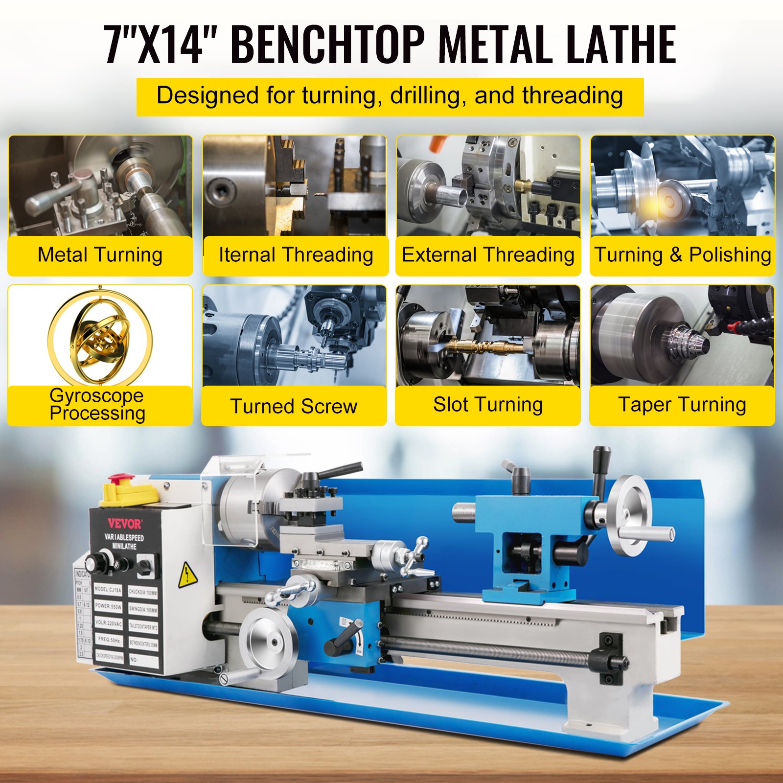 VEVOR Mini Drehmaschine 550 W, Metall Mini Drehmaschine Max. 2500 U / Min, Metallbank Drehmaschine, Metall Mini Drehmaschine, Tischdrehmaschine, Gewinde 12-52 TPI, Mini Drehbank metall, Zubehör Inkl.