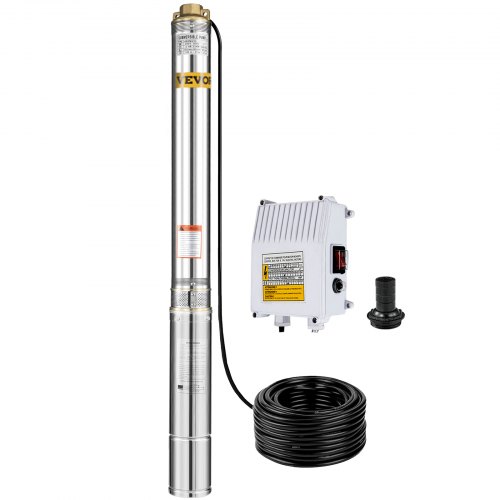 VEVOR 1,5kW Tiefbrunnenpumpe 118,2L/min Durchfluss Rohrpumpe Brunnenpumpe max. 135m Förderhöhe Tauchpumpe ca. 10cm Durchmesser Pumpe mit 40m Kabel Ideal für Brunnen Gartenbewässerung Heimgebrauch