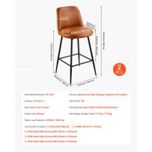 VEVOR Barhocker Thekenhocker 2 Stk. (98 cm hoch) Küchenstuhl mit Rückenlehne & Metallrahmen, Bistrostuhl (136,1 kg belastbar) Küche Esszimmer Kücheninsel Bar, Barstuhl Küchenhocker Braun