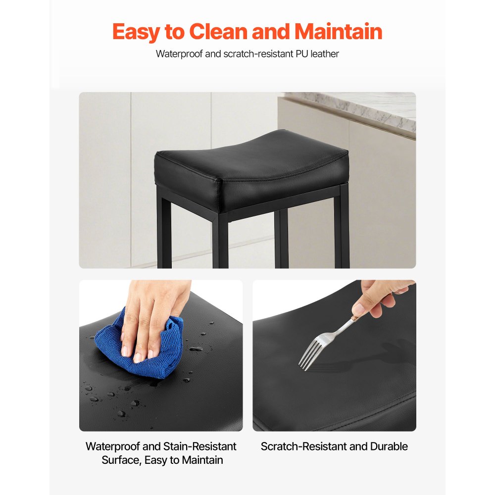 VEVOR Barhocker Thekenhocker aus PU-Leder 2 Stk. Bistrohocker (645 mm hoch) mit Polsternsitz & Metallbeinen, Küchenhocker (136,1 kg belastbar) für Esszimmer Bar Bankschalter Café Bistro, Schwarz