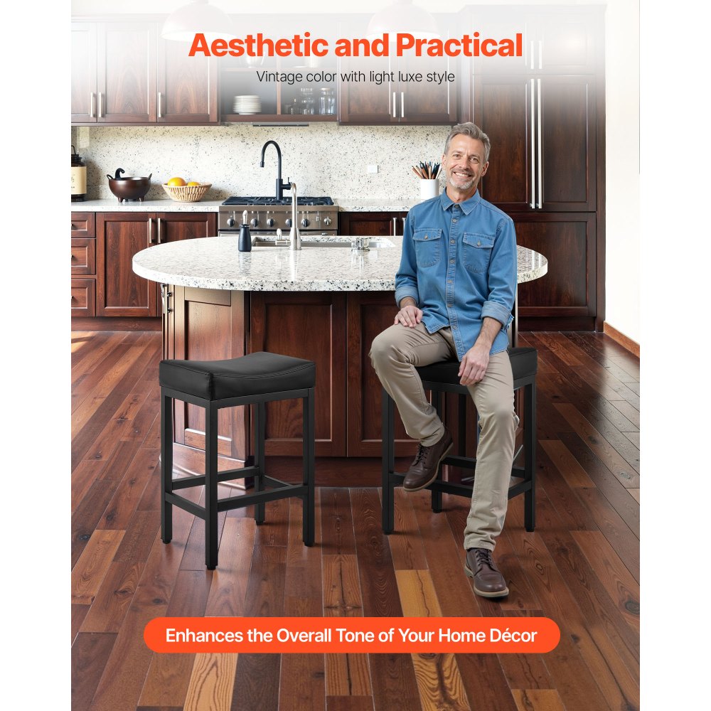 VEVOR Barhocker Thekenhocker aus PU-Leder 2 Stk. Bistrohocker (645 mm hoch) mit Polsternsitz & Metallbeinen, Küchenhocker (136,1 kg belastbar) für Esszimmer Bar Bankschalter Café Bistro, Schwarz