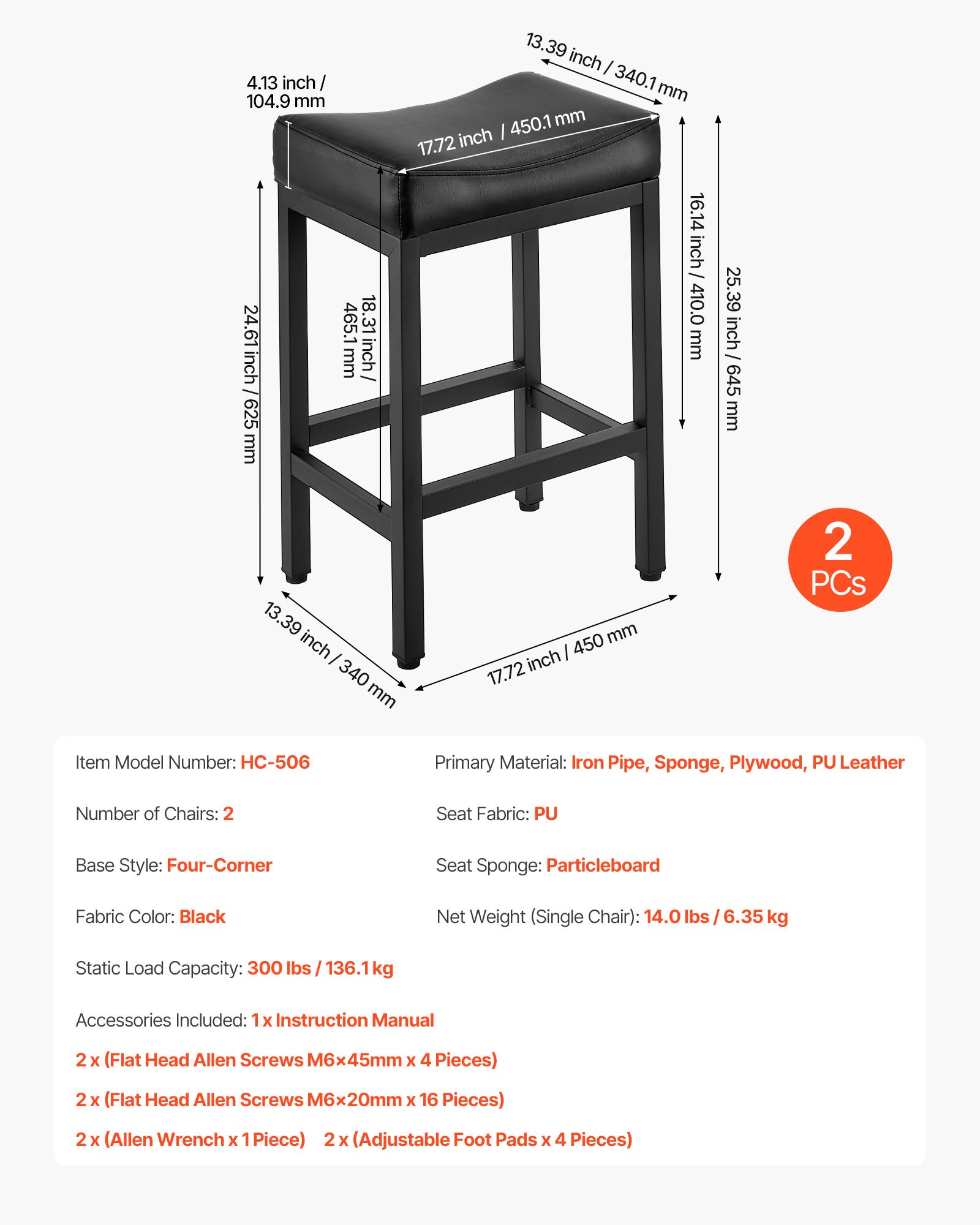 VEVOR Barhocker Thekenhocker aus PU-Leder 2 Stk. Bistrohocker (645 mm hoch) mit Polsternsitz & Metallbeinen, Küchenhocker (136,1 kg belastbar) für Esszimmer Bar Bankschalter Café Bistro, Schwarz