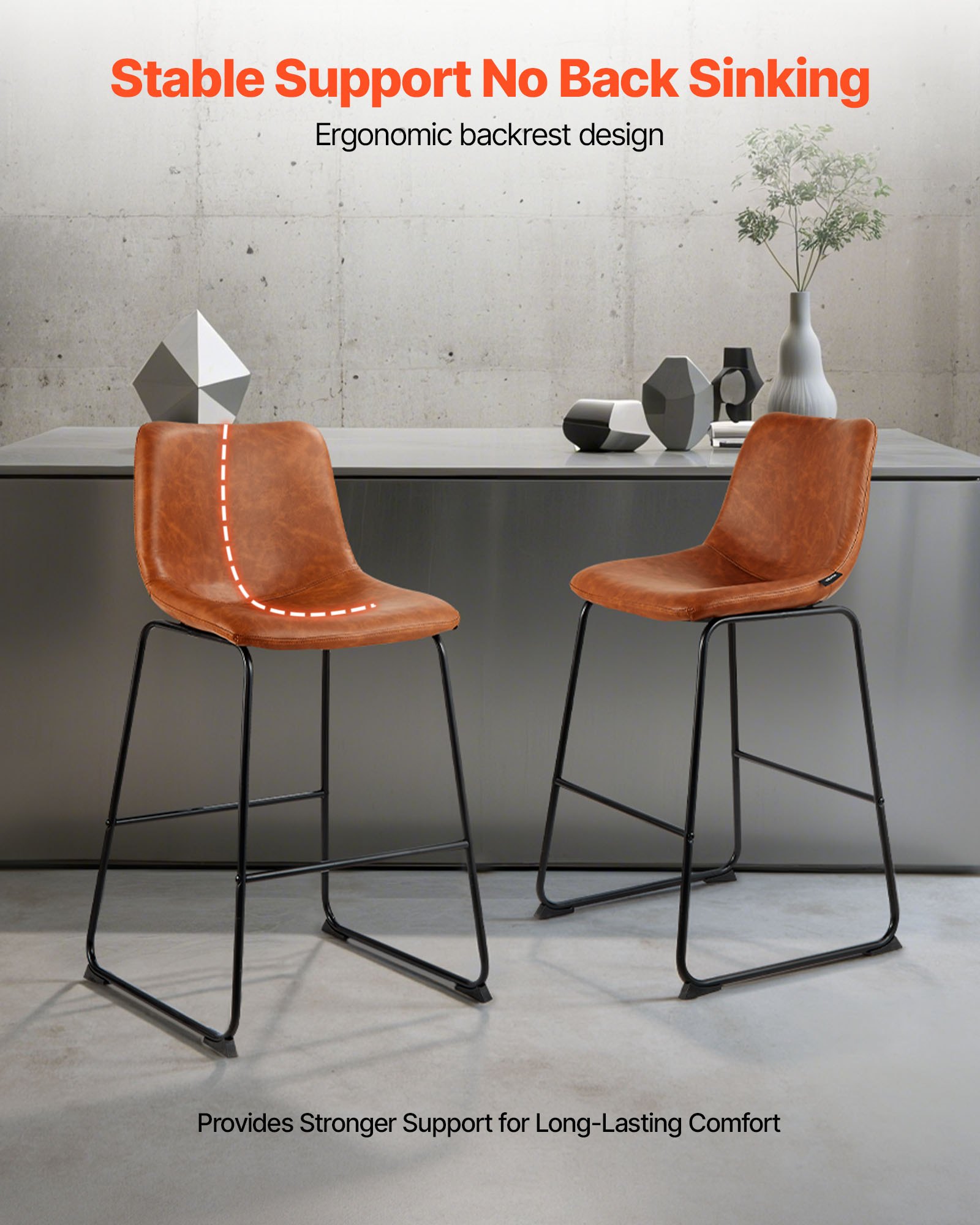 VEVOR Barhocker Thekenhocker 4 Stk. (945 mm hoch) Küchenstuhl Barstuhl aus PU-Leder mit Rückenlehne & Metallrahmen, Bistrostuhl (149,7 kg belastbar) Küche Esszimmer Kücheninsel Bar, Braun