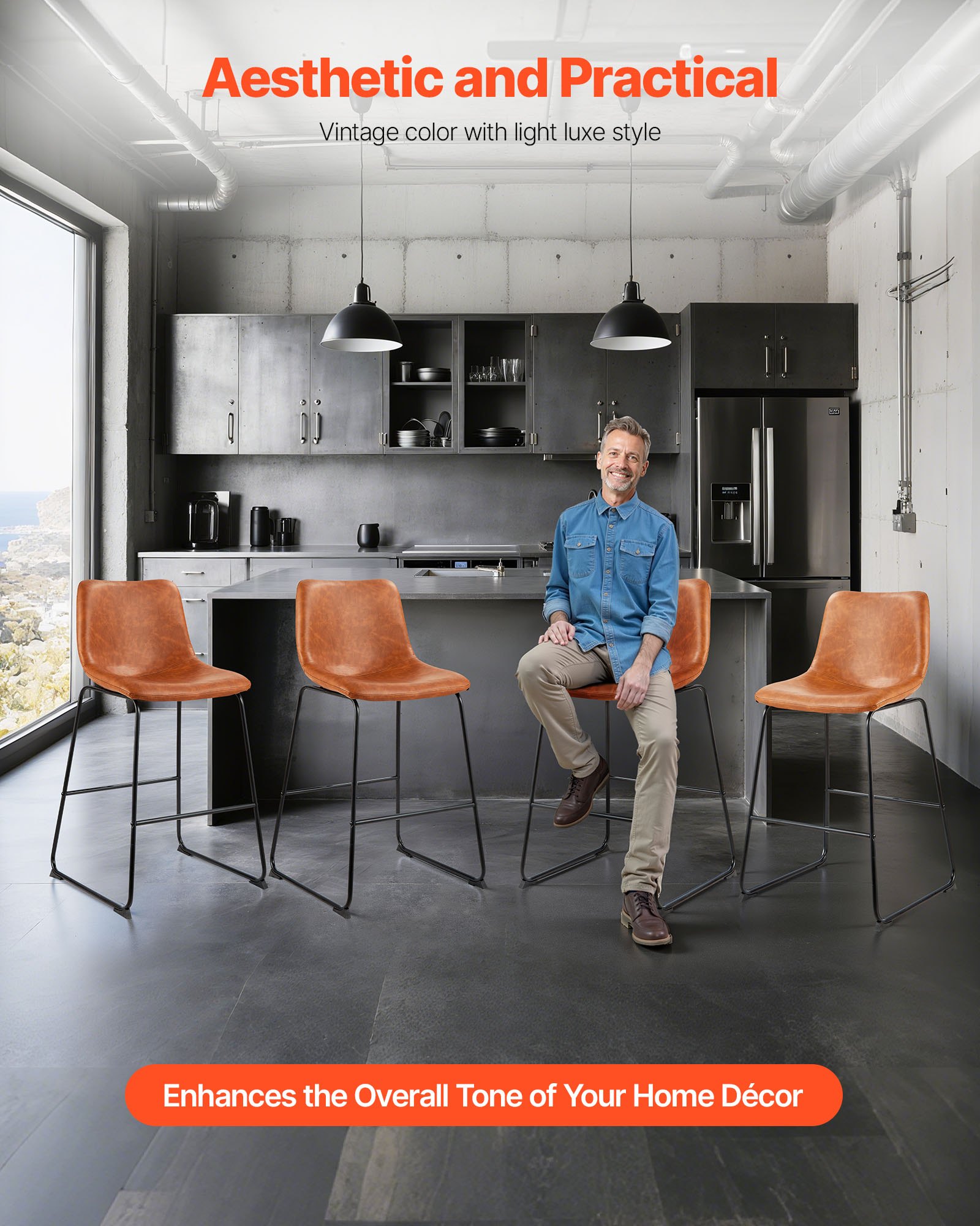 VEVOR Barhocker Thekenhocker 4 Stk. (945 mm hoch) Küchenstuhl Barstuhl aus PU-Leder mit Rückenlehne & Metallrahmen, Bistrostuhl (149,7 kg belastbar) Küche Esszimmer Kücheninsel Bar, Braun