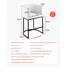 VEVOR Barhocker Thekenhocker 3 Stk. (87 cm hoch) Küchenstuhl mit Rückenlehne & Armlehne & Metallrahmen & Fußstütze, Bistrostuhl (158,8 kg belastbar) Küche Esszimmer Bankschalter Bar, Weiß