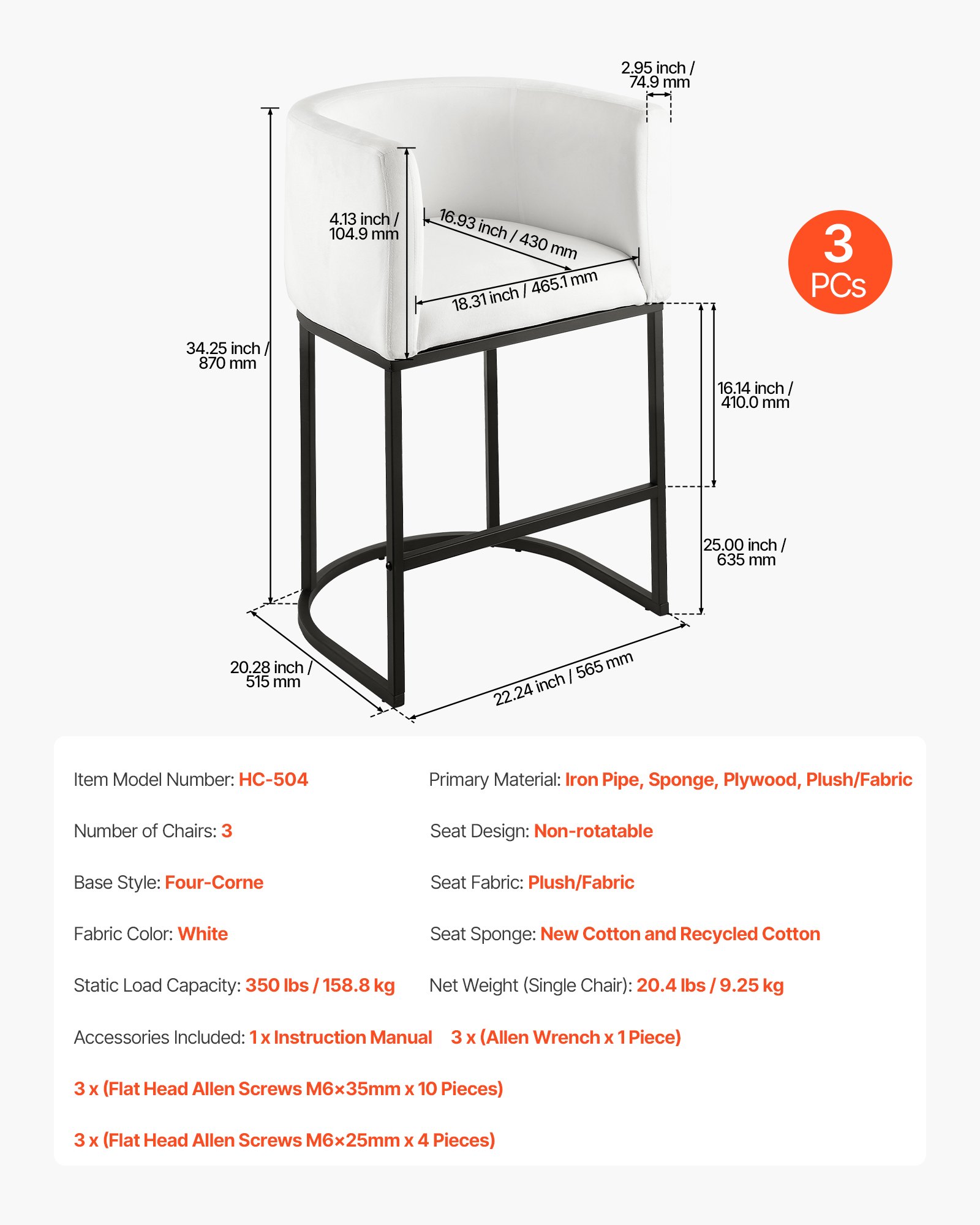 VEVOR Barhocker Thekenhocker 3 Stk. (87 cm hoch) Küchenstuhl mit Rückenlehne & Armlehne & Metallrahmen & Fußstütze, Bistrostuhl (158,8 kg belastbar) Küche Esszimmer Bankschalter Bar, Weiß