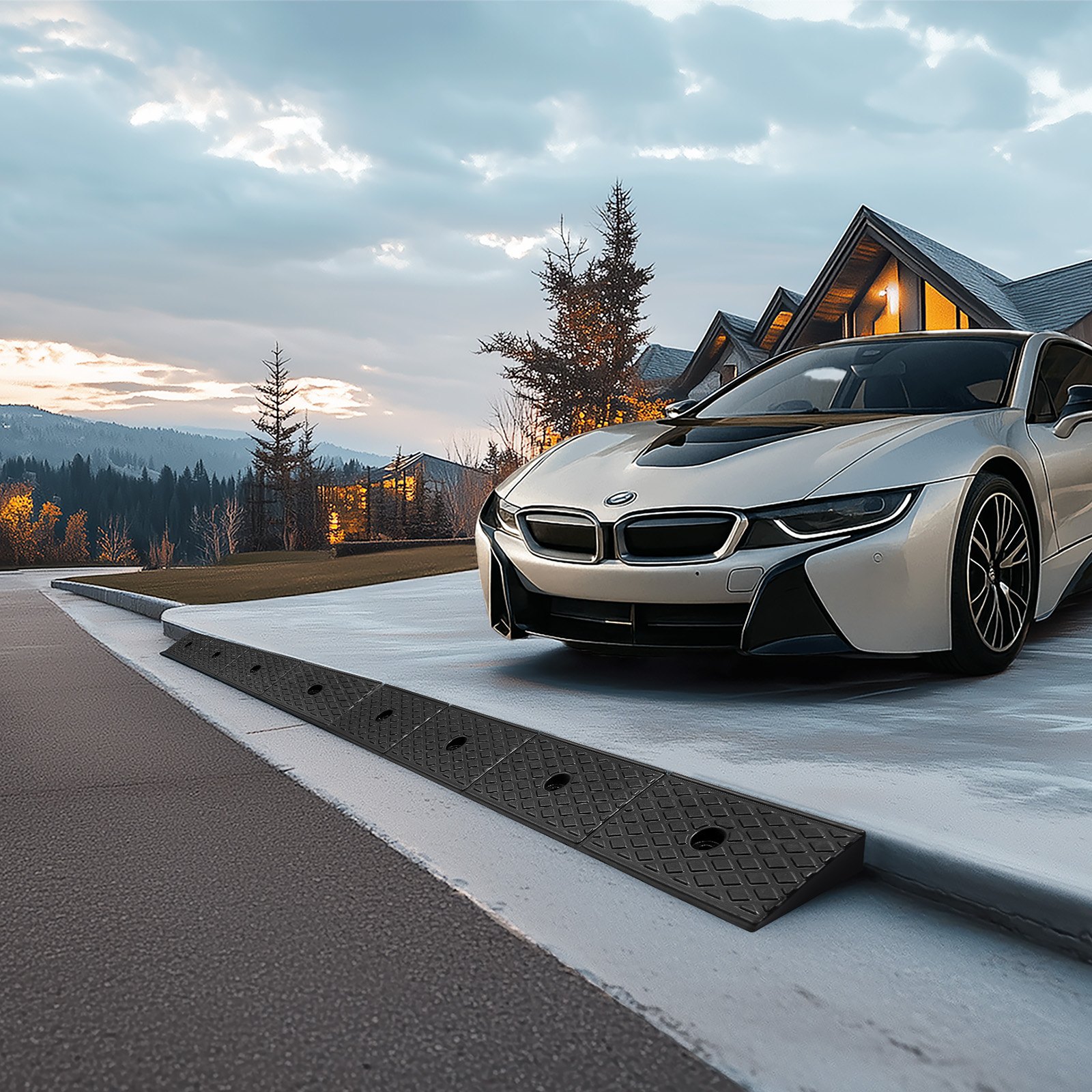 VEVOR Bordsteinrampe aus Gummi, 15 T Tragkraft, Auffahrtsrampe 5,08 cm hohe, robuste Schwellenrampe mit Ablauftank für Rollstühle, Kinderwagen, Motorräder, Autos, Rasenmäher & Anhänger, 2er-Pack