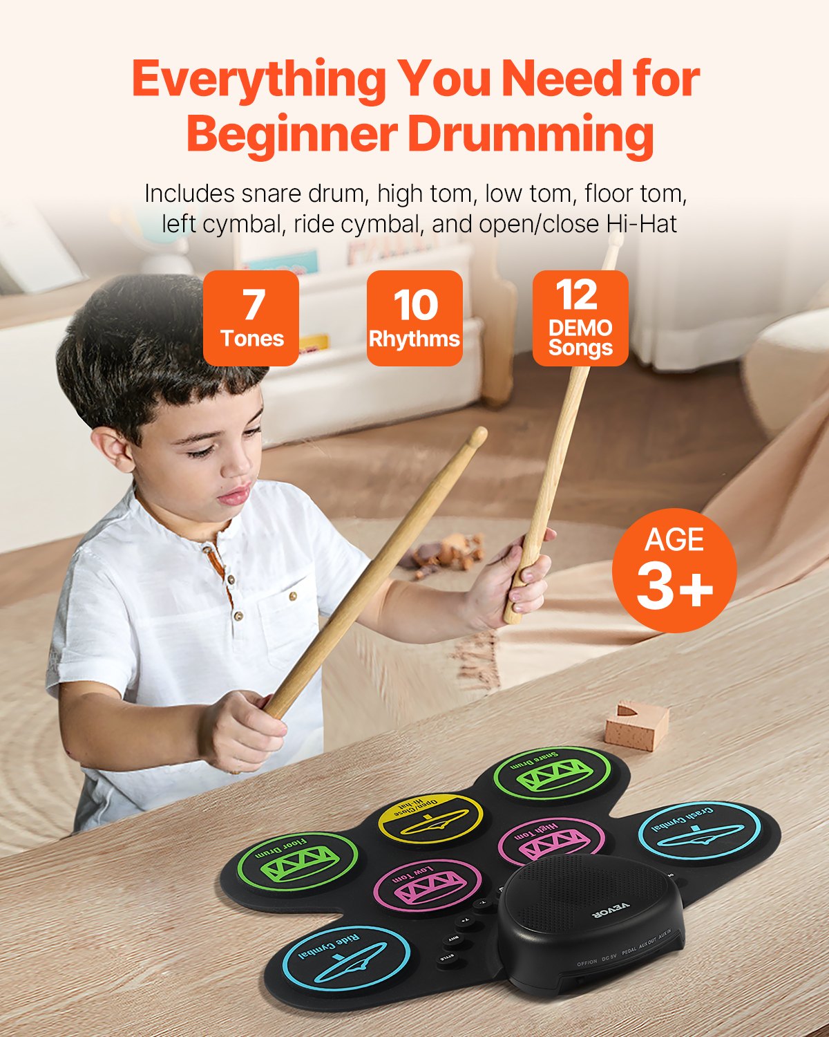 VEVOR Elektronisches Schlagzeug Set mit 7 Pads, E-Drum Set mit Kopfhöreranschluss, Doppelpedal, Sticks, Lautsprecher, MIDI, Instrumentalspielzeug für Kinder ab 3 Jahren, mehrfarbig
