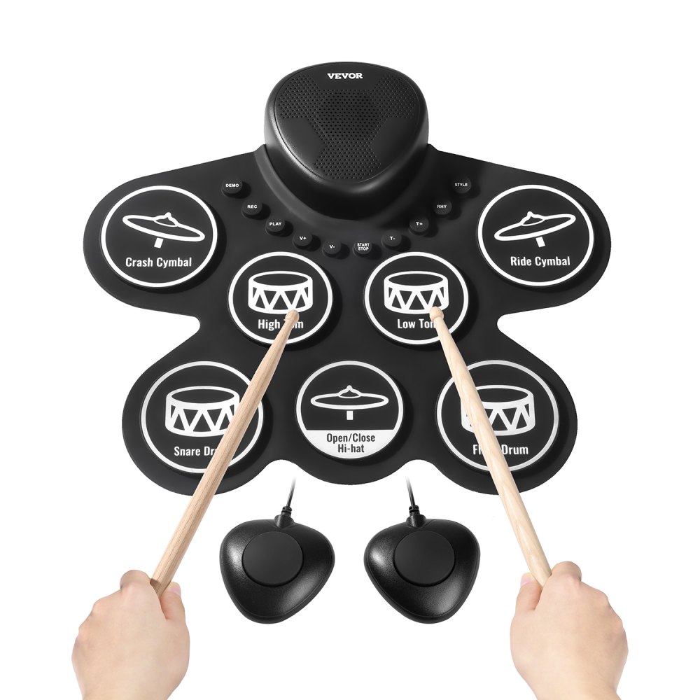 VEVOR 7-Pad-Elektronik-Schlagzeug, aufrollbares E-Drum Set mit Kopfhöreranschluss, zwei Fußpedalen, zwei Drumsticks, Lautsprechern, MIDI, Instrumentalspielzeug für Kinder ab 3 Jahren, Schwarz