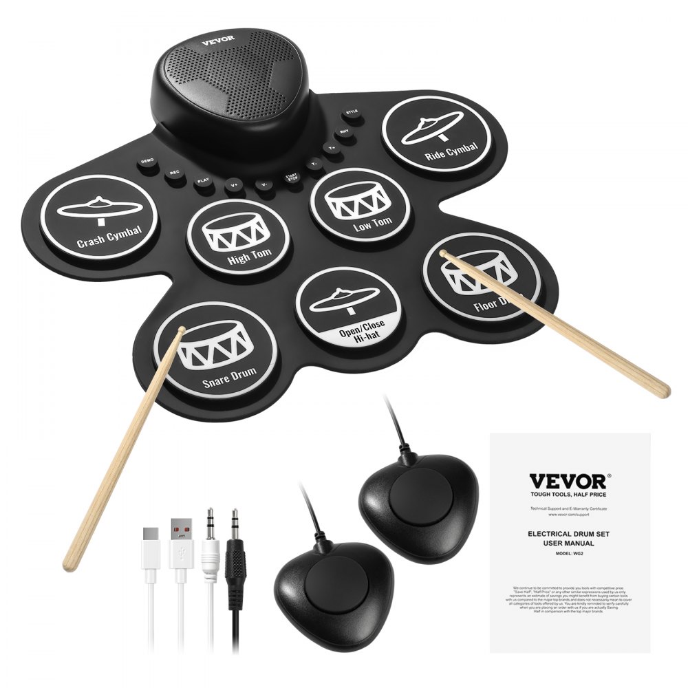 VEVOR 7-Pad-Elektronik-Schlagzeug, aufrollbares E-Drum Set mit Kopfhöreranschluss, zwei Fußpedalen, zwei Drumsticks, Lautsprechern, MIDI, Instrumentalspielzeug für Kinder ab 3 Jahren, Schwarz