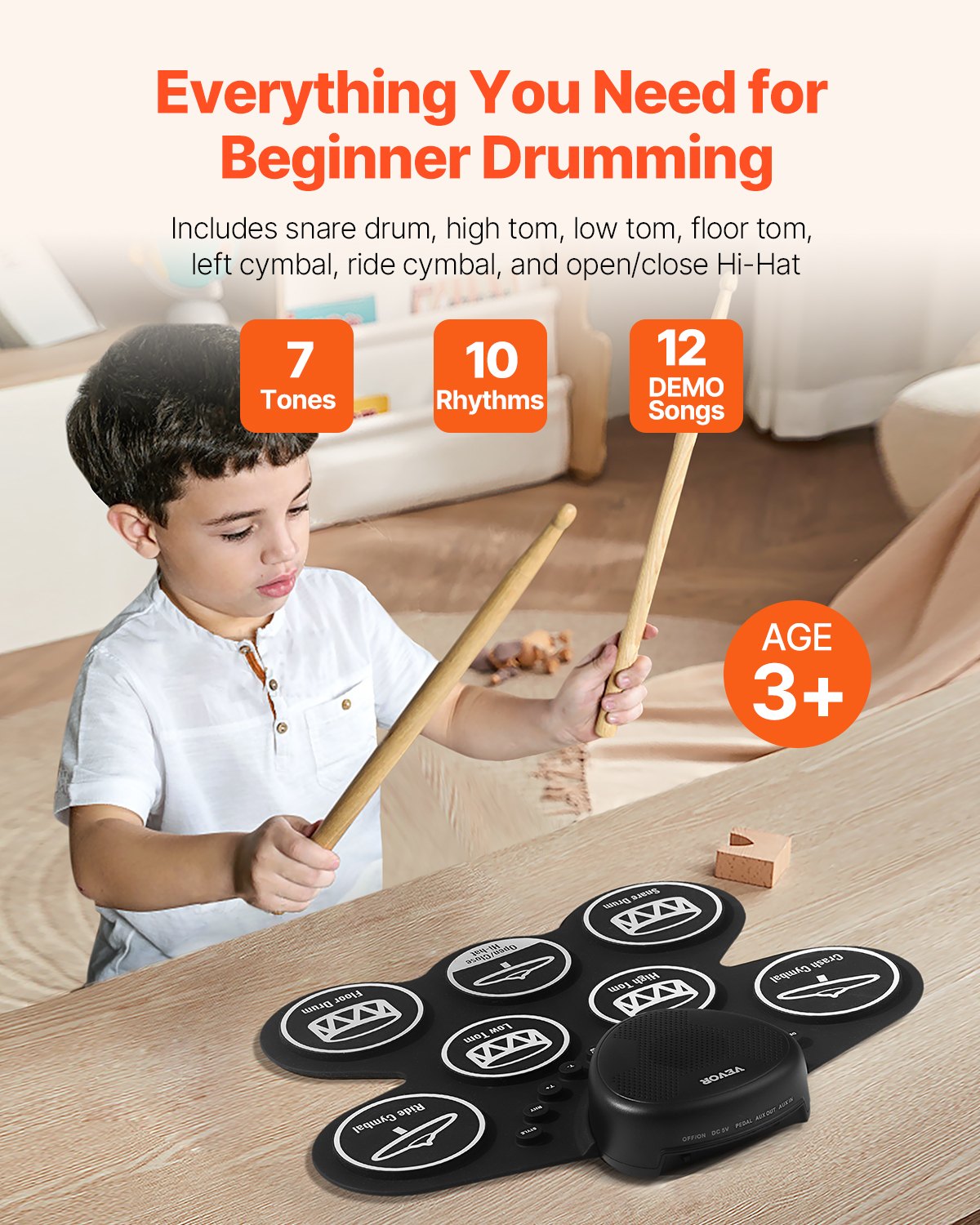 VEVOR 7-Pad-Elektronik-Schlagzeug, aufrollbares E-Drum Set mit Kopfhöreranschluss, zwei Fußpedalen, zwei Drumsticks, Lautsprechern, MIDI, Instrumentalspielzeug für Kinder ab 3 Jahren, Schwarz