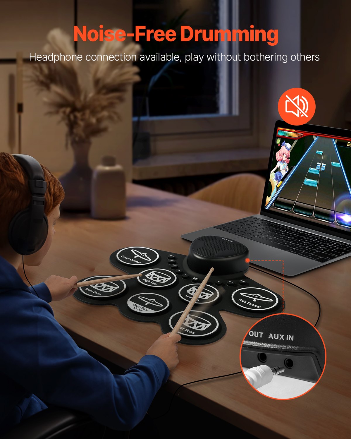 VEVOR 7-Pad-Elektronik-Schlagzeug, aufrollbares E-Drum Set mit Kopfhöreranschluss, zwei Fußpedalen, zwei Drumsticks, Lautsprechern, MIDI, Instrumentalspielzeug für Kinder ab 3 Jahren, Schwarz