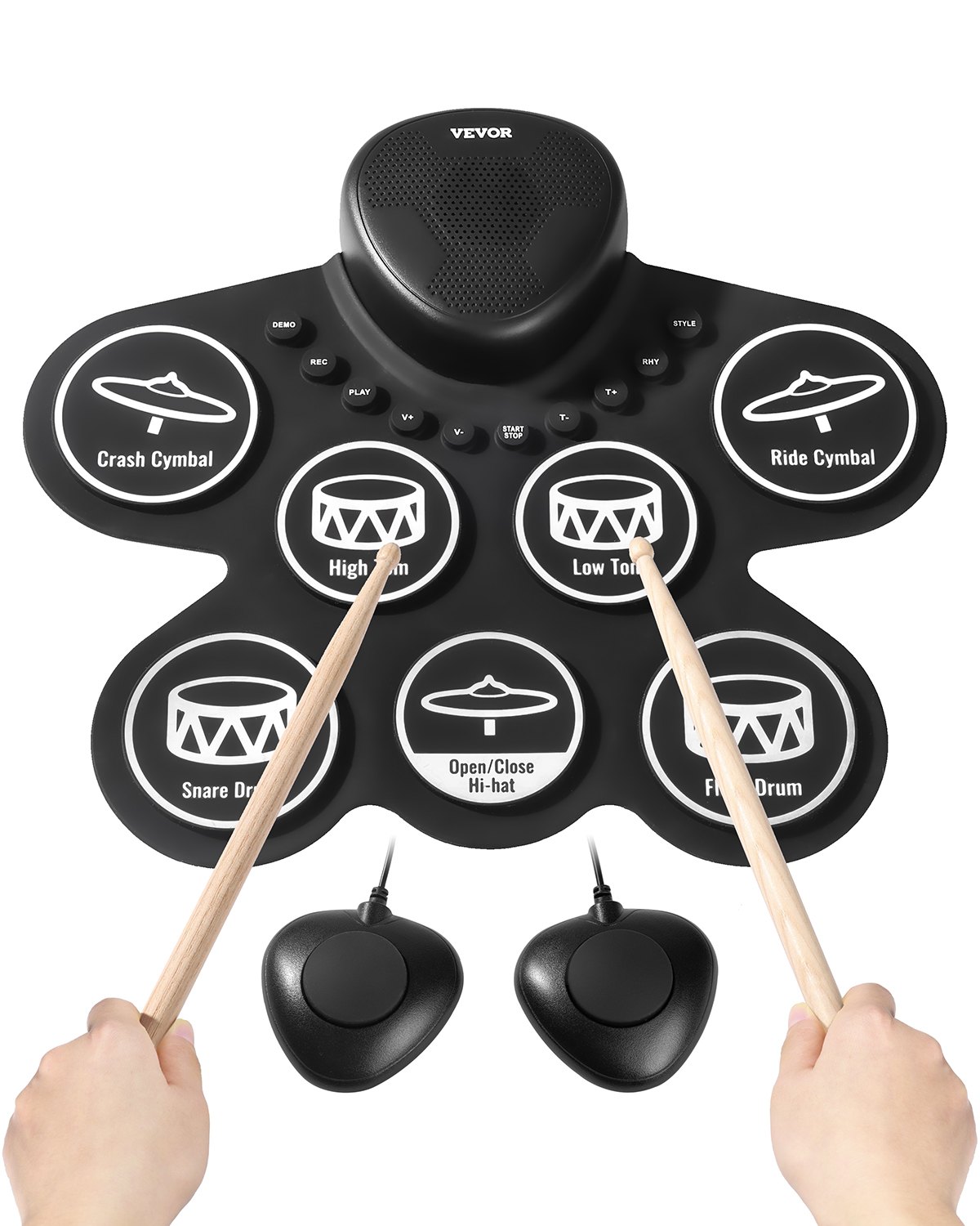 VEVOR 7-Pad-Elektronik-Schlagzeug, aufrollbares E-Drum Set mit Kopfhöreranschluss, zwei Fußpedalen, zwei Drumsticks, Lautsprechern, MIDI, Instrumentalspielzeug für Kinder ab 3 Jahren, Schwarz