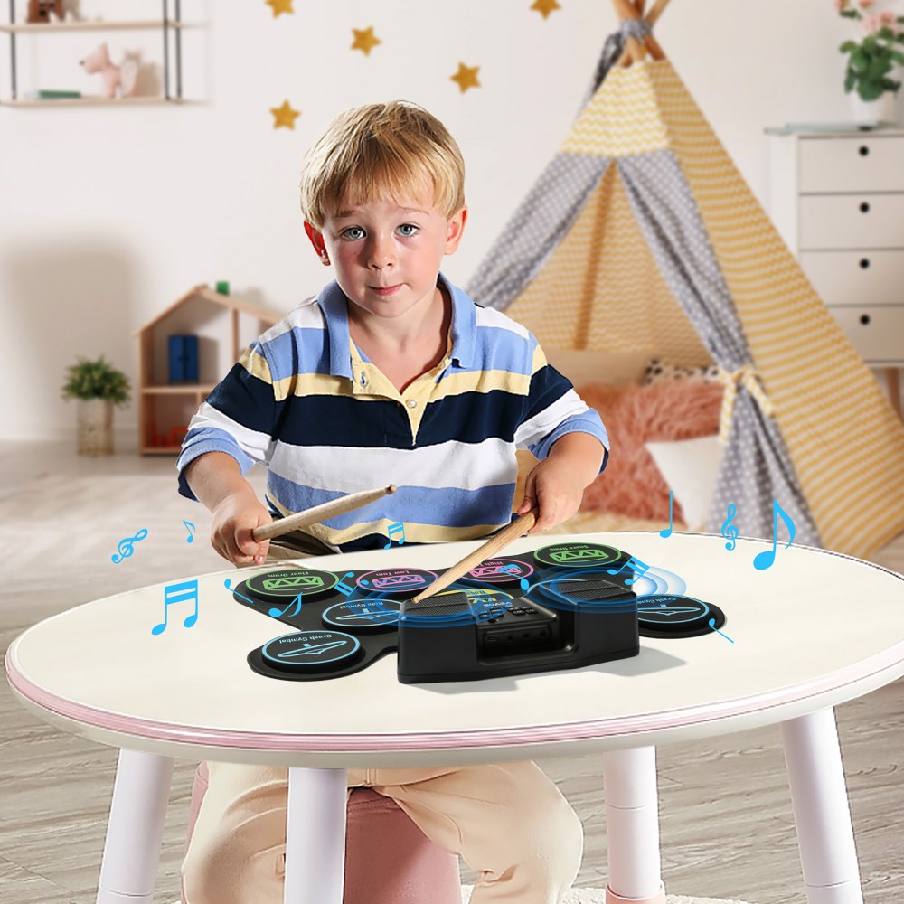 VEVOR E Drum, 9 Pads, elektronisches Schlagzeug mit Kopfhöreranschluss, Ständer, Doppelpedalen, leuchtenden Drumsticks, integrierten Doppellautsprechern, Instrumentenspielzeug für Kinder ab 5 Jahren