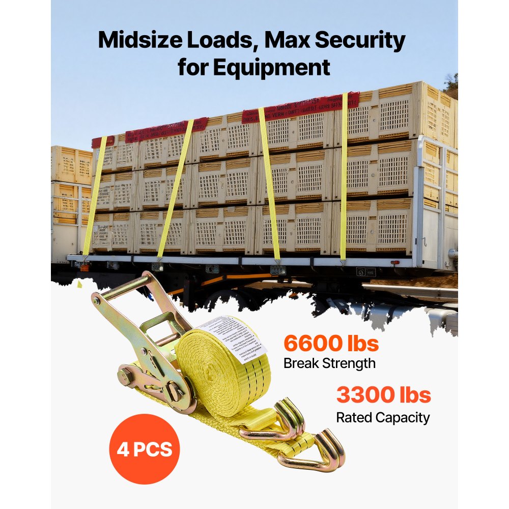 VEVOR Spanngurte, 38,1x3048 mm, Hochleistungs-Zurrgurte mit Doppel-J-Haken, 3000 kg Bruchlast, Tragetasche, Ratschenmechanismus für Umzüge, Anhänger, Motorräder, Kajaks, Autodächer, 4er-Pack