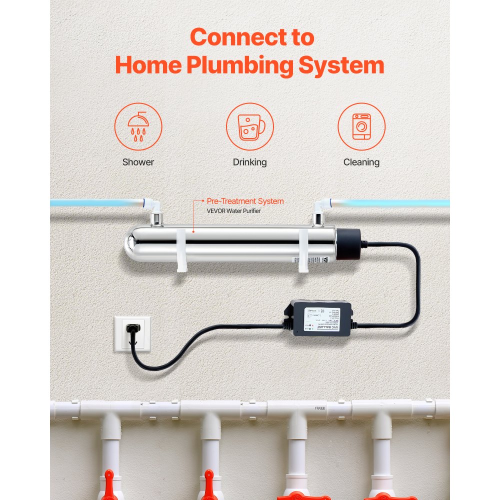 VEVOR UV-Wasserreiniger 3,785 L/min vielseitiger Ultraviolett-Wasserreinigerfilter mit Edelstahlgehäuse, UV-Wasserfilter für das ganze Haus mit Quarzhülle, geeignet zum Duschen/Trinken/Reinigen