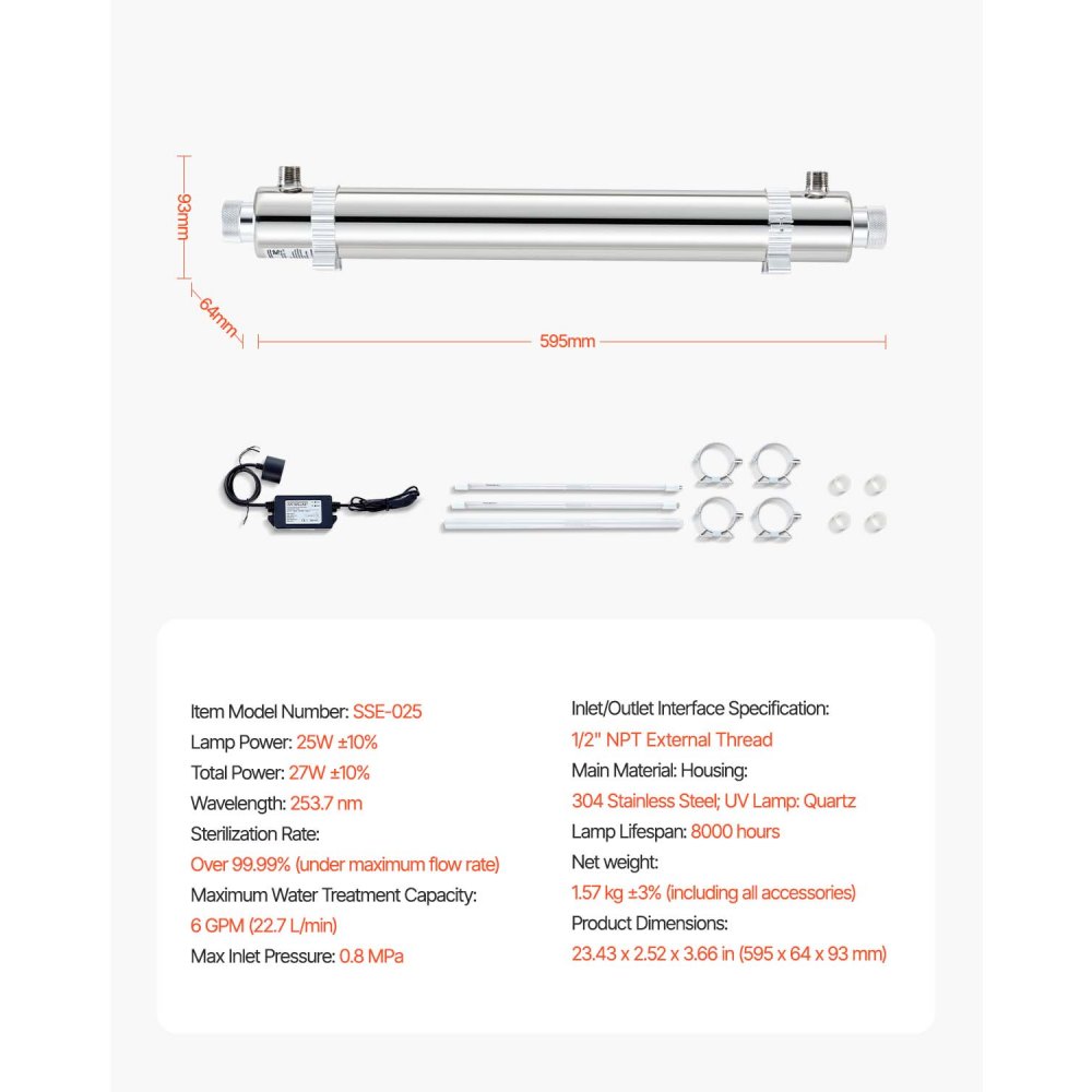 VEVOR UV-Wasserreiniger 27 W 22,7 L/min vielseitiger Ultraviolett-Wasserreinigerfilter mit Edelstahlgehäuse, UV-Wasserfilter für das ganze Haus mit Quarzhülle, geeignet zum Duschen/Trinken/Reinigen