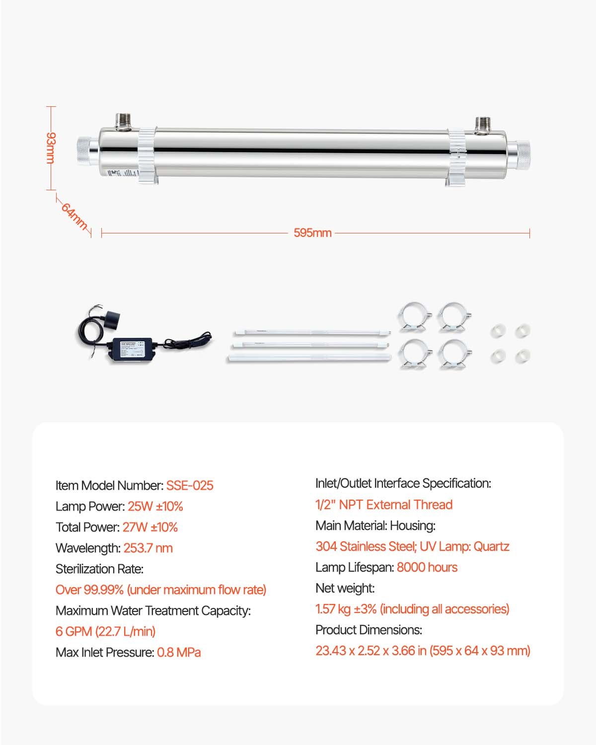 VEVOR UV-Wasserreiniger 27 W 22,7 L/min vielseitiger Ultraviolett-Wasserreinigerfilter mit Edelstahlgehäuse, UV-Wasserfilter für das ganze Haus mit Quarzhülle, geeignet zum Duschen/Trinken/Reinigen