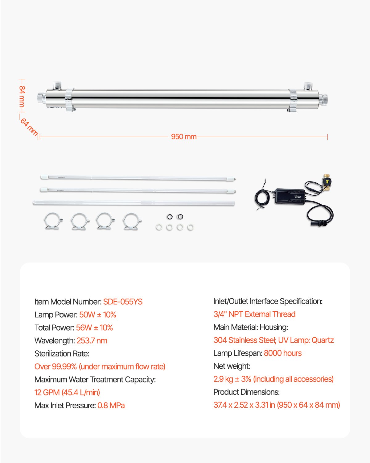 VEVOR UV Water Purifier 56 W 45.4 L/min versatile ultraviolet water purifier filter with stainless steel housing, whole house UV water filter with quartz casing, suitable for showering/drinking/cleaning