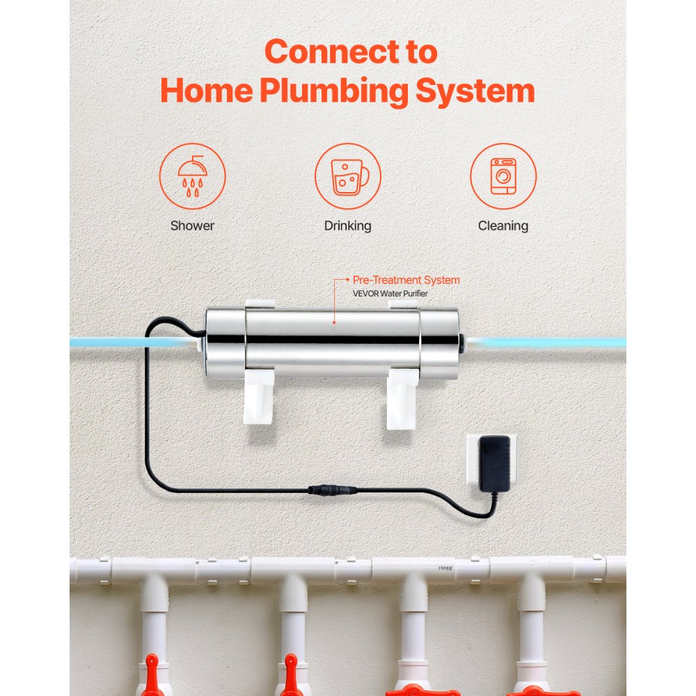 VEVOR UV-Wasserreiniger 18 W 3,785 L/min vielseitiger Ultraviolett-Wasserreinigerfilter mit Edelstahlgehäuse, UV-Wasserfilter für das ganze Haus mit Quarzhülle, geeignet zum Duschen/Reinigen
